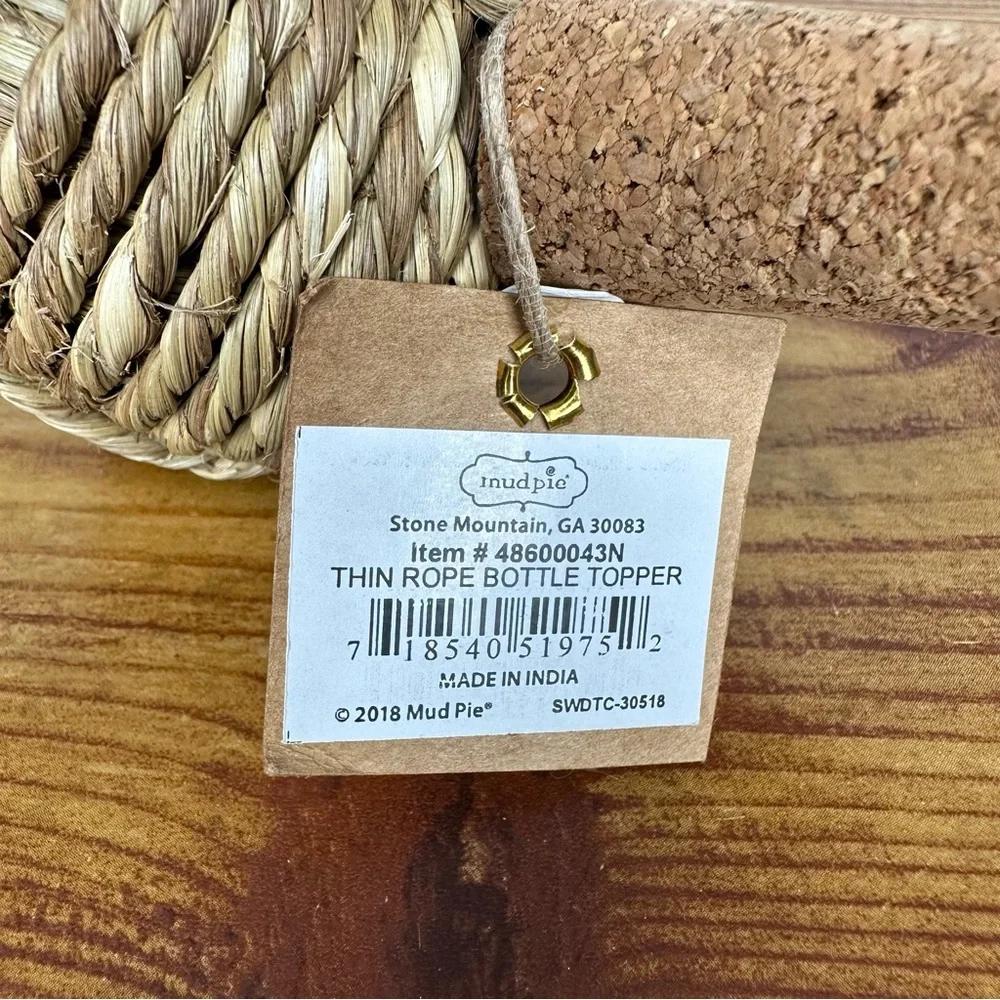 NWT Mud Pie Jute Thin Rope Bottle Stopper Wine Cork Nautical 2 5/8” Diameter